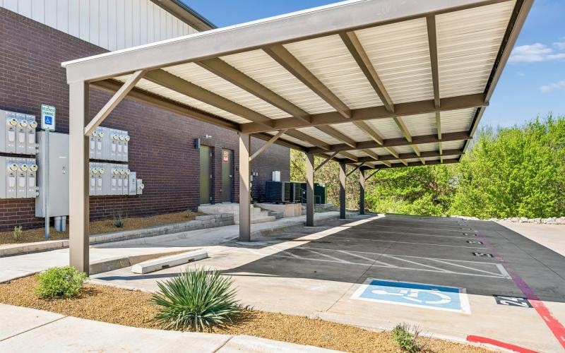 a building with a covered area