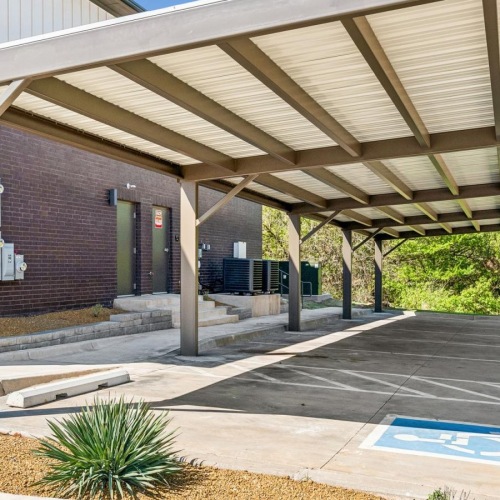 a building with a covered area